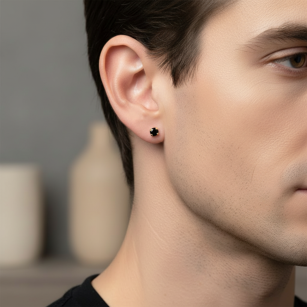 Arete piercing hombre Murano Negro oro laminado 18K vista detalle - Brillo Encanto