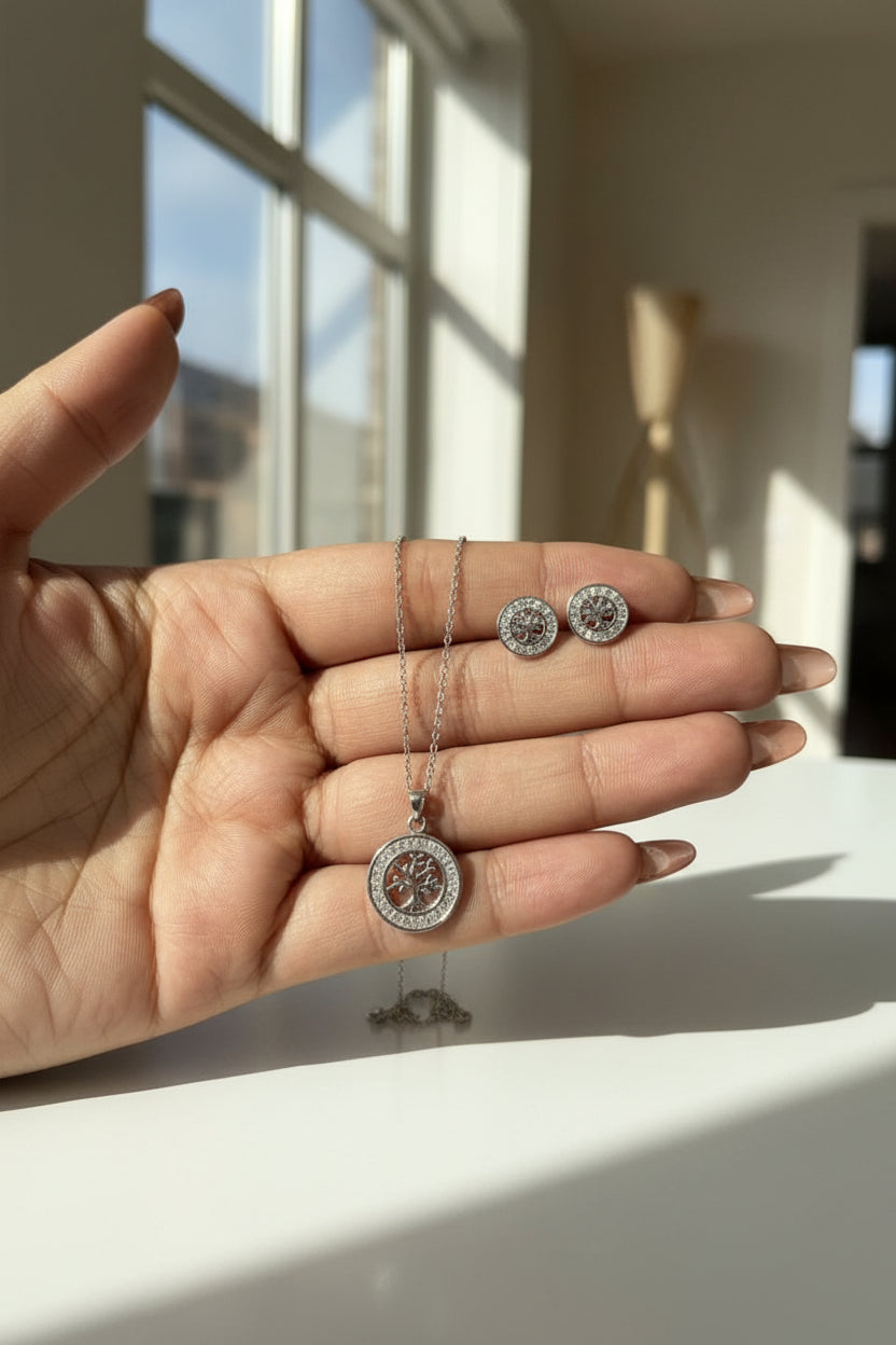 Set Árbol de la Vida · Cadena, Dije y Aretes en Plata 925 Italiana con Cristales
