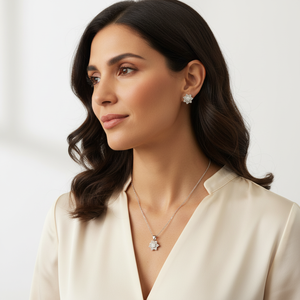 Mujer usando Set Girasol Plata 925 con Diamantes – Joyería Femenina Colombia