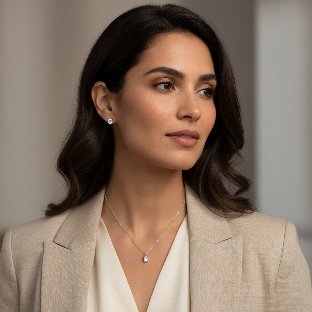 Mujer usando Set Diamantes Rectangulares Plata 925 – Joyería Casual Elegante Brillo Encanto