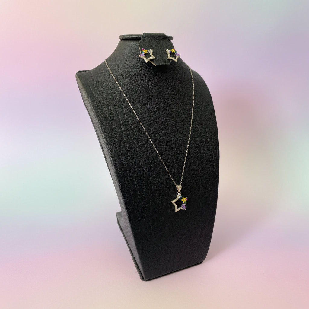 Set Estrellas Plata 925 Italiana · Cadena, Dije y Aretes con Cristales de Colores
