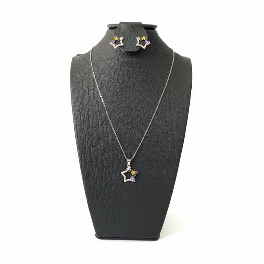 Set Estrellas Plata 925 Italiana · Cadena, Dije y Aretes con Cristales de Colores