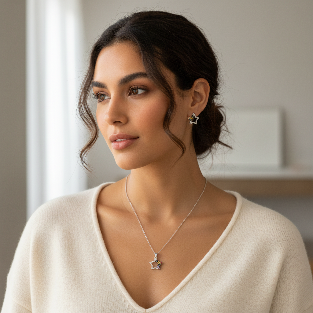 Set Estrellas Plata 925 Italiana · Cadena, Dije y Aretes con Cristales de Colores