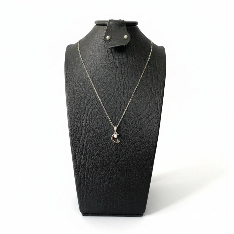 Set Luna & Perla Plata 925 Italiana – Cadena, Dije y Aretes