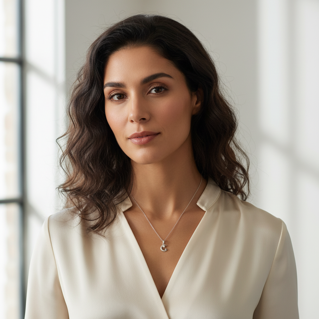 Mujer usando Set Luna Plata 925 con Aretes de Perla – Brillo Encanto