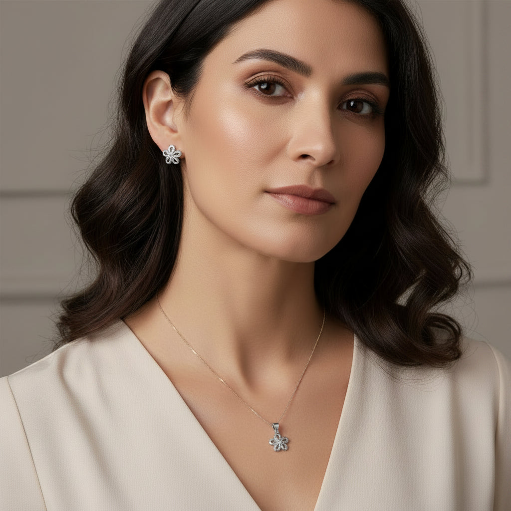 Set Floral | Cadena + Dije + Aretes | Plata 925 Italiana & Diamantes de Laboratorio