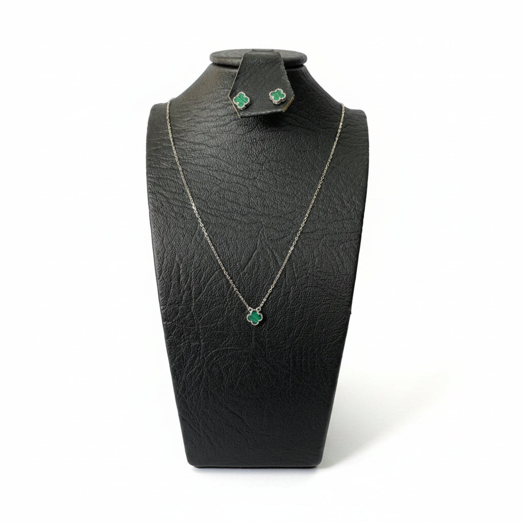 Set Trébol Verde Plata 925 Italiana – Cadena, Dije y Aretes