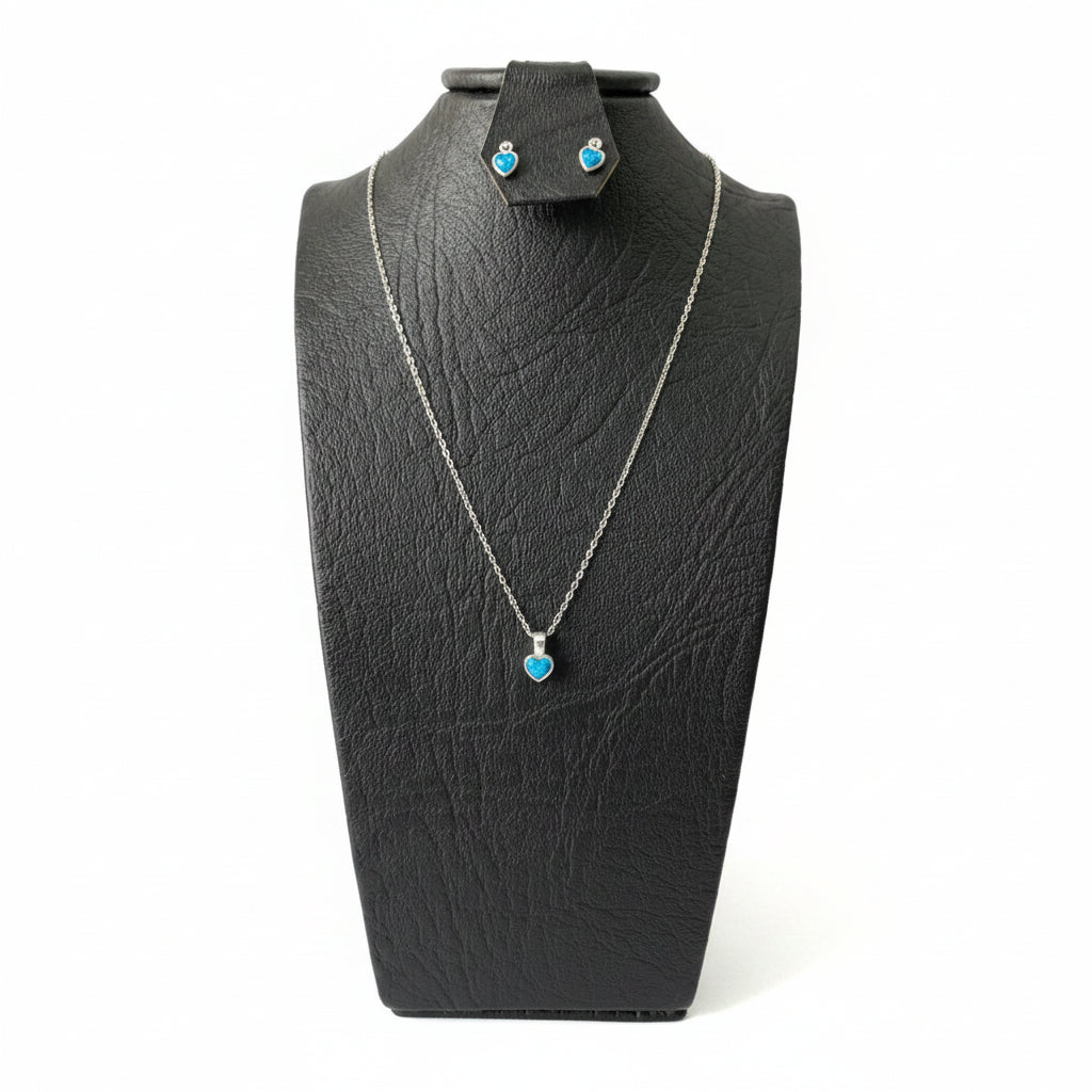 Set Corazón Azul Cielo Solitario | Cadena + Dije + Aretes en Plata 925 Italiana