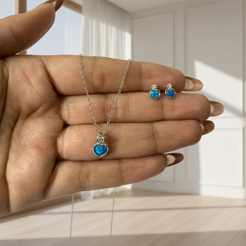 Set Corazón Azul Cielo Solitario | Cadena + Dije + Aretes en Plata 925 Italiana
