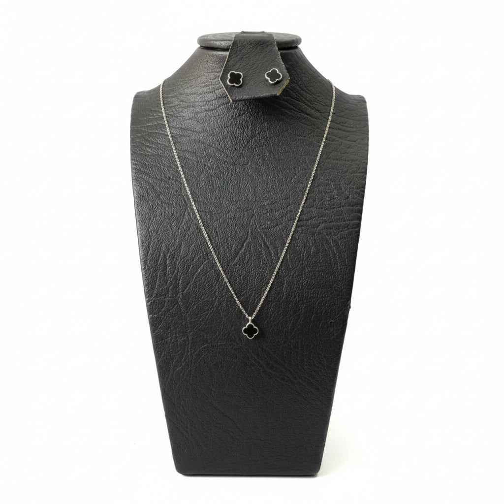 Set Trébol Negro | Cadena + Dije + Aretes en Plata 925 Italiana