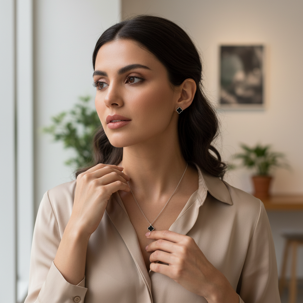 Set Trébol Negro | Cadena + Dije + Aretes en Plata 925 Italiana