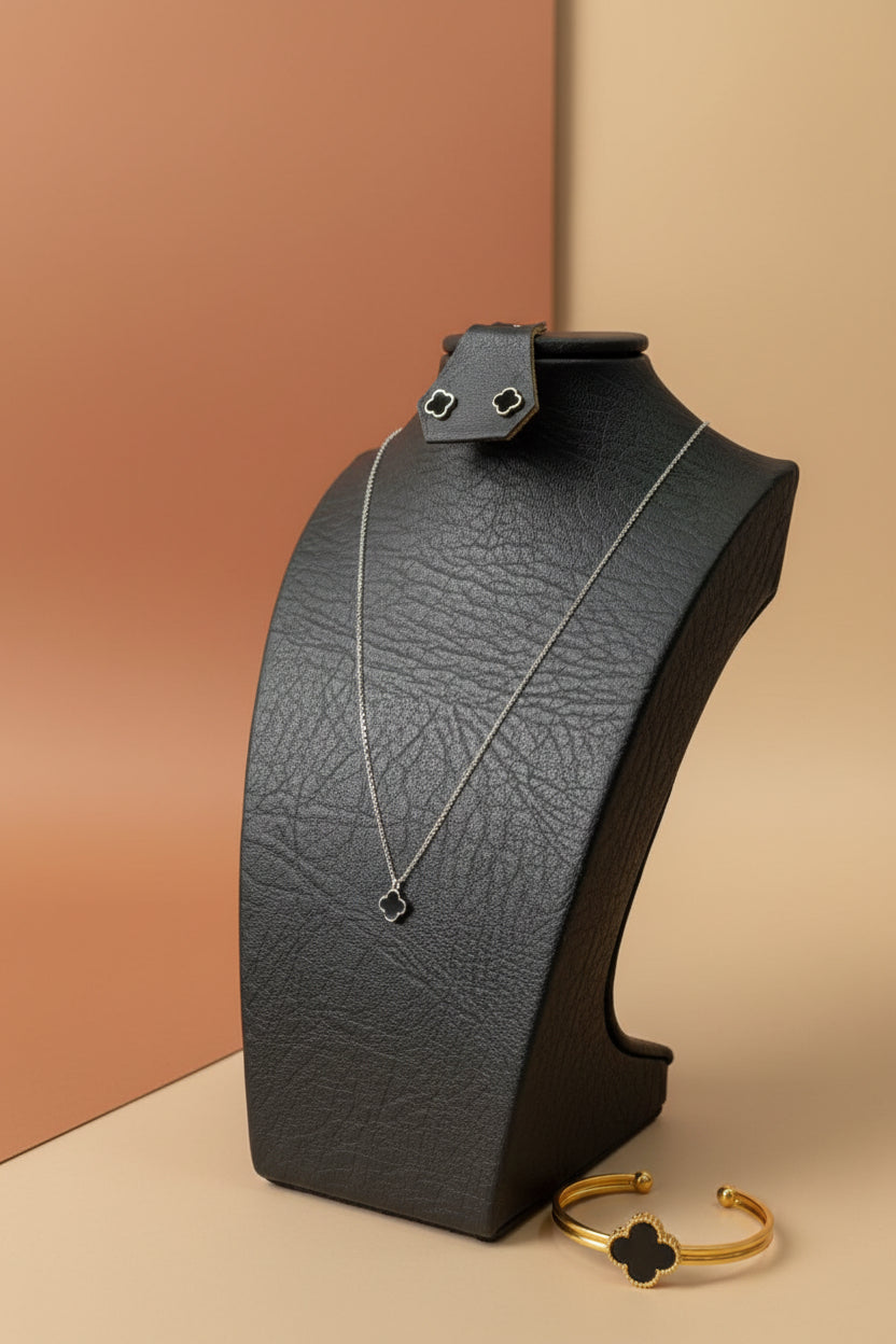 Set Trébol Negro | Cadena + Dije + Aretes en Plata 925 Italiana