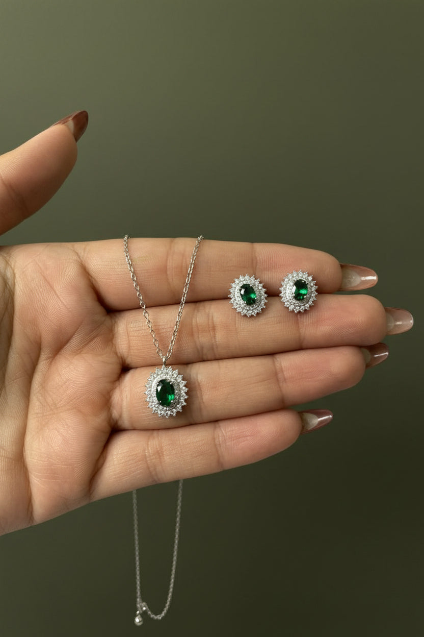 Set Halo Verde Esmeralda | Cadena + Dije + Aretes en Plata 925 Italiana