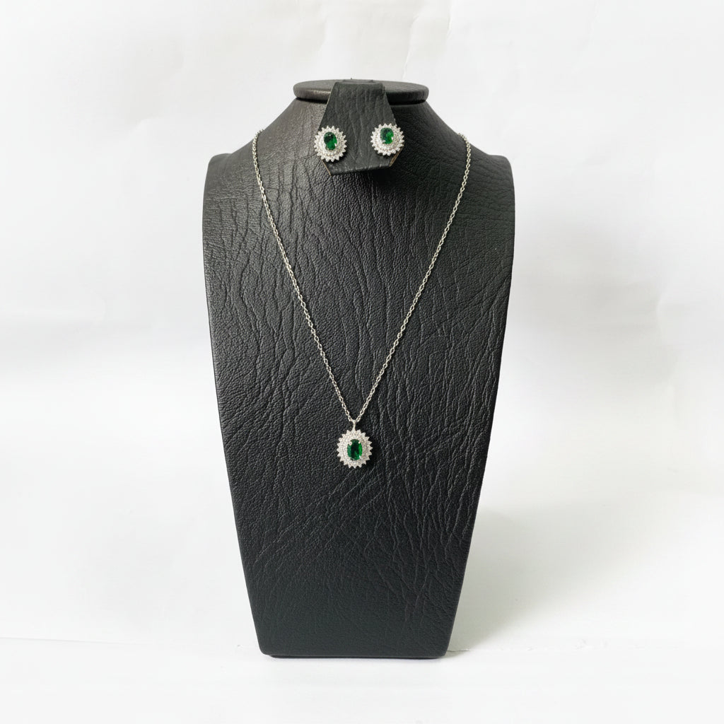 Set Halo Verde Esmeralda | Cadena + Dije + Aretes en Plata 925 Italiana