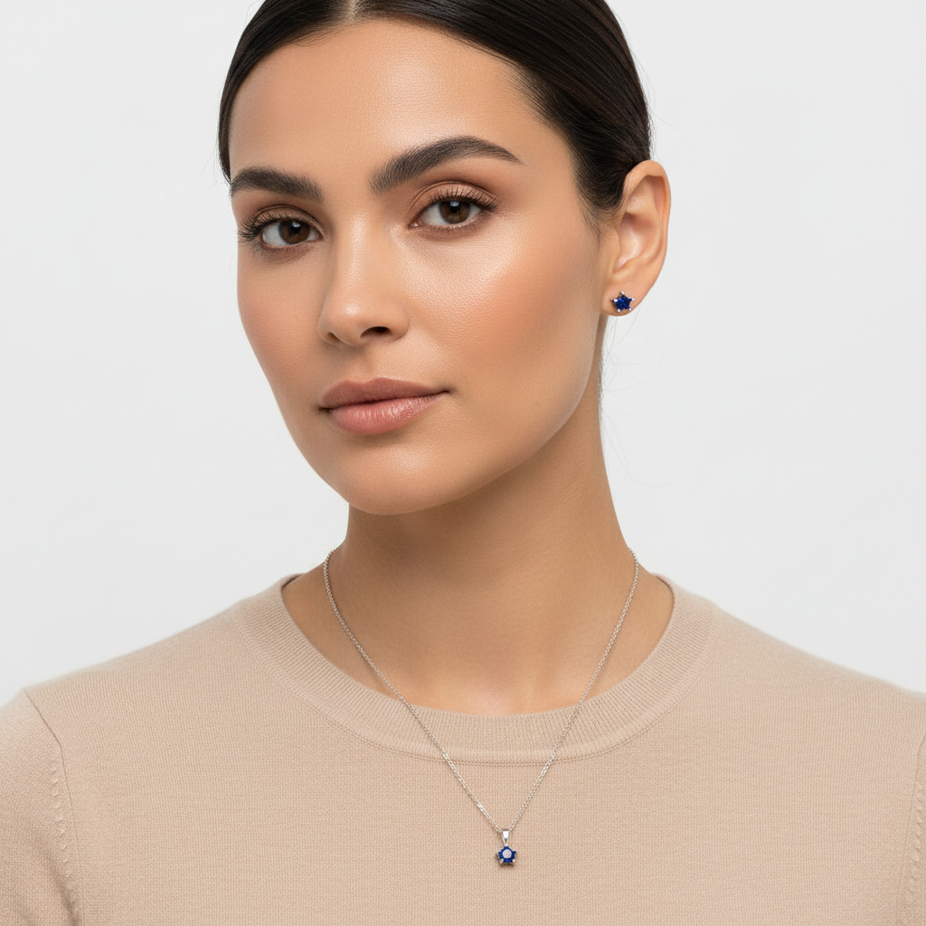 Set Estrella Azul Tallada | Cadena + Dije + Aretes Plata 925 Italiana Acabado Espejo