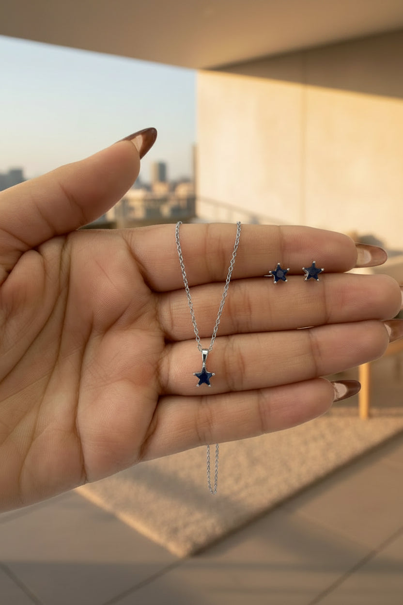 Set Estrella Azul Tallada | Cadena + Dije + Aretes Plata 925 Italiana Acabado Espejo