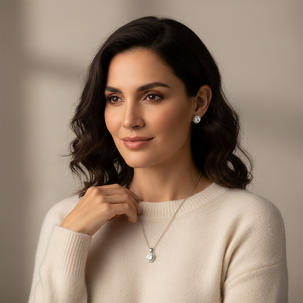Set Halo Brillo Diamante | Cadena + Dije + Aretes Plata 925 Italiana y Circones Cristal