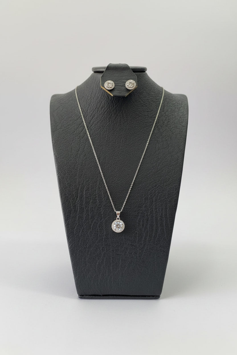 Set Halo Brillo Diamante | Cadena + Dije + Aretes Plata 925 Italiana y Circones Cristal