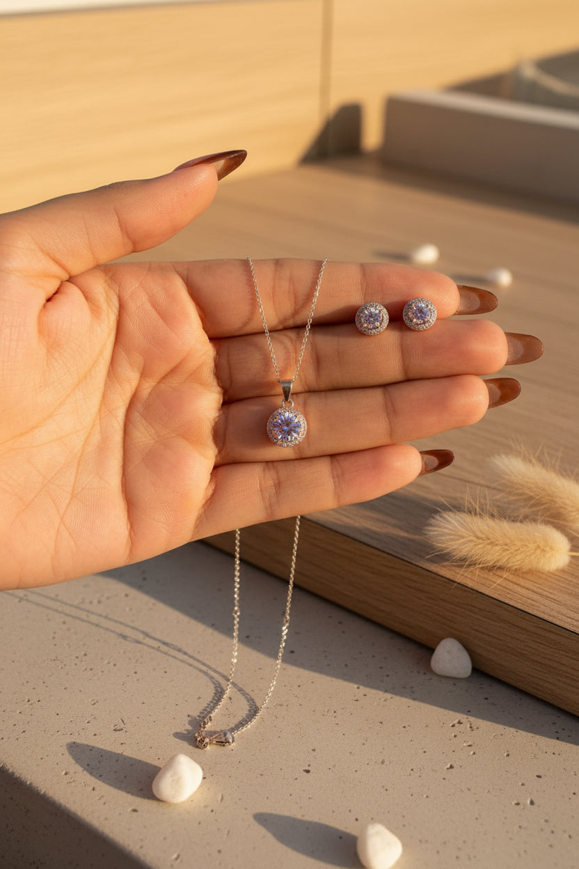 Set Halo Brillo Diamante | Cadena + Dije + Aretes Plata 925 Italiana y Circones Cristal