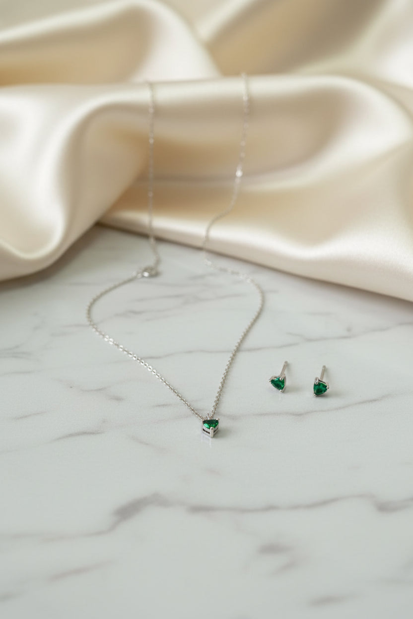 Set Corazón Tallado Verde Esmeralda en Plata 925 Italiana | Cadena + Dije + Aretes