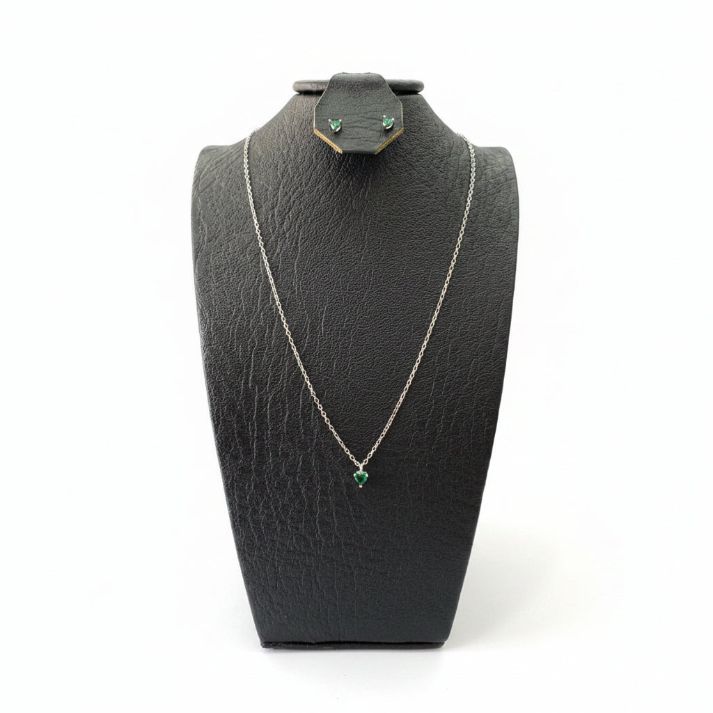 Set Corazón Tallado Verde Esmeralda en Plata 925 Italiana | Cadena + Dije + Aretes