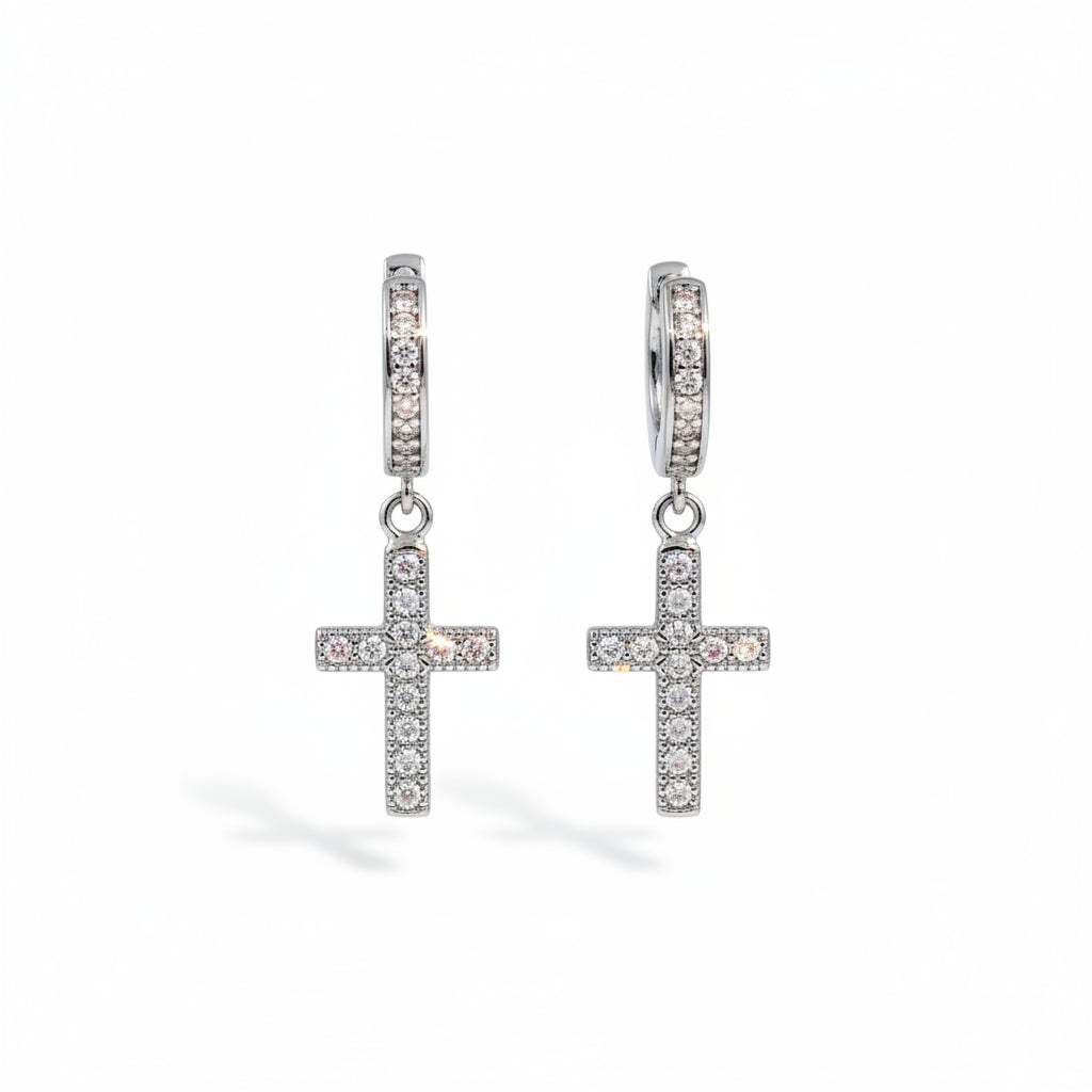 Aretes Hombre Candongas Cruz Plata 925 Cristal | Brillo Encanto