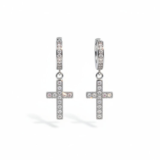 Aretes Hombre Candongas Cruz Plata 925 Cristal | Brillo Encanto
