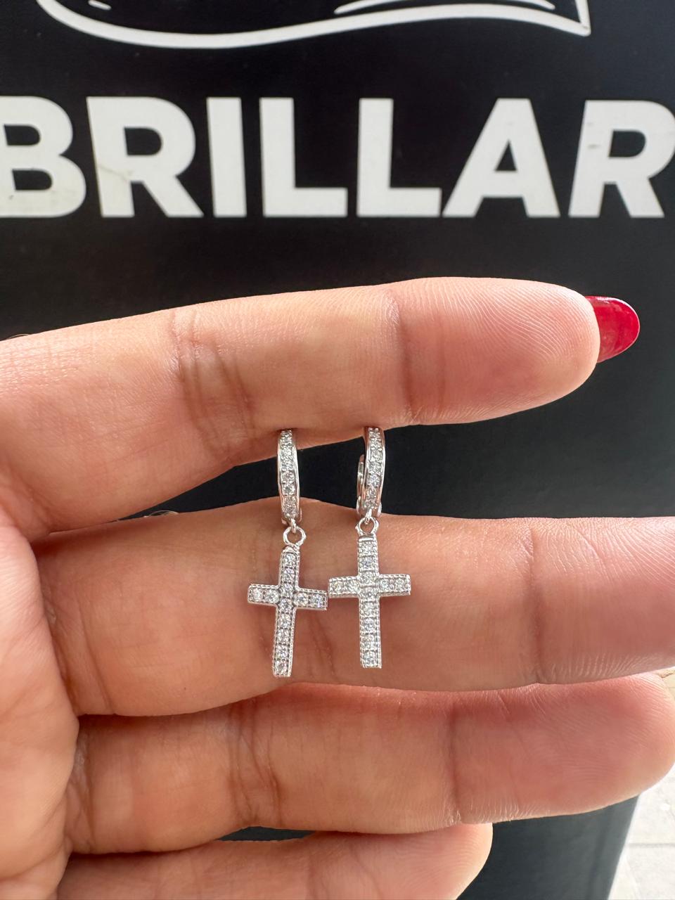 Aretes Hombre Candongas Cruz Plata 925 Cristal | Brillo Encanto