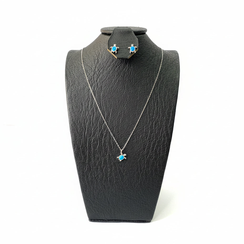 Juego Tortuga Azul Plata 925 — Cadena, Dije y Aretes