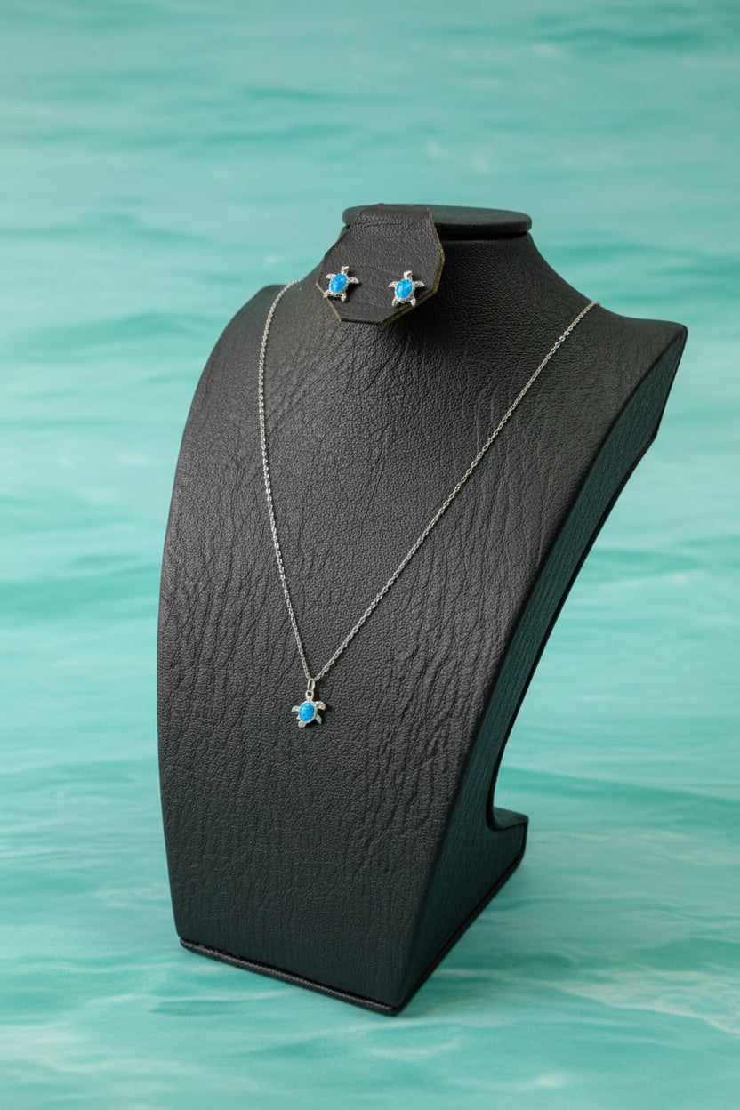 Juego Tortuga Azul Plata 925 — Cadena, Dije y Aretes