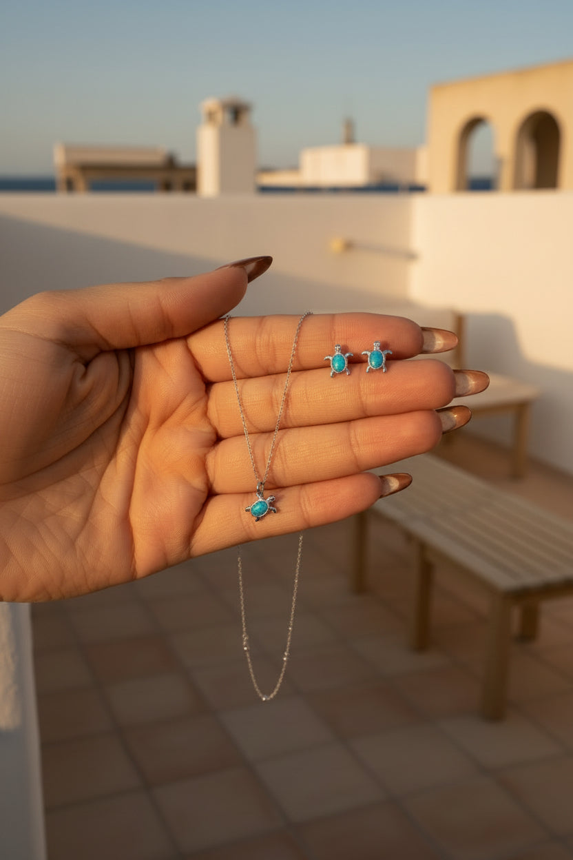 Juego Tortuga Azul Plata 925 — Cadena, Dije y Aretes