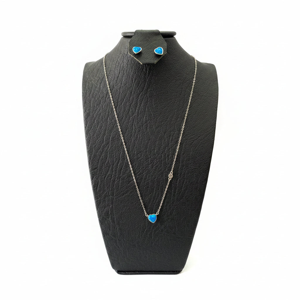 Set Corazón Azul Plata 925 | Cadena + Dije + Aretes