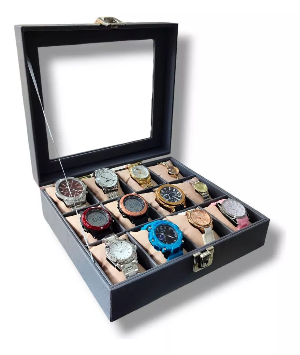 Caja organizadora para 12 relojes con tapa de vidrio templado