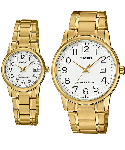 Reloj Casio De Pareja En Acero Dorado LTP-V002G-7B2 / MTP-V002G-7B2