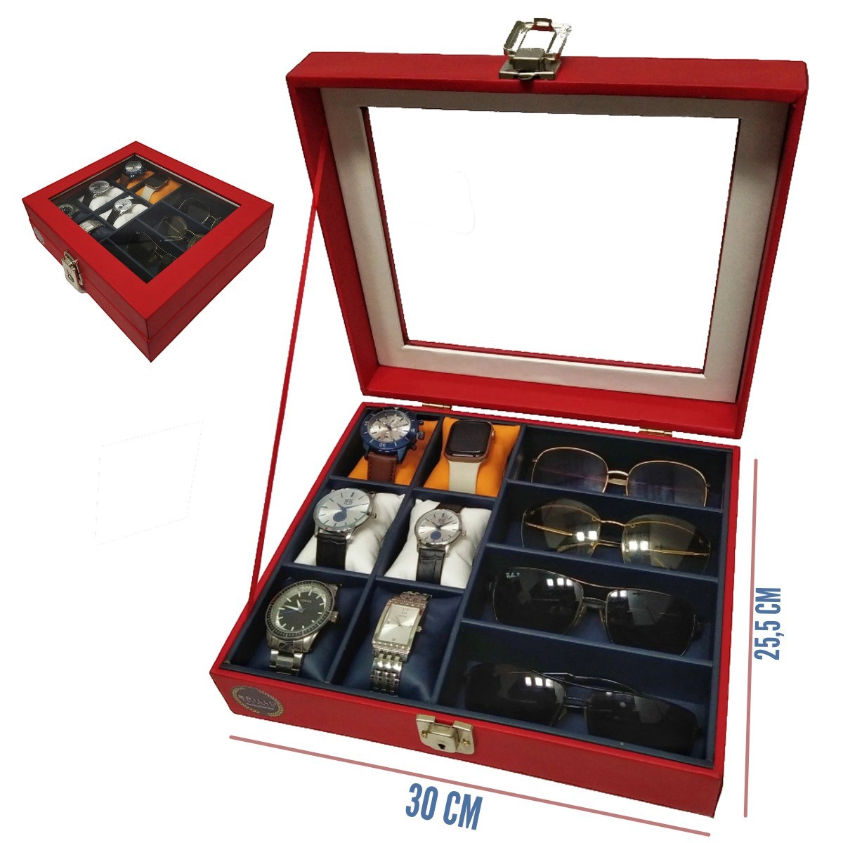 organizador artesanal blanco para 6 relojes y 3 gafas de lujo