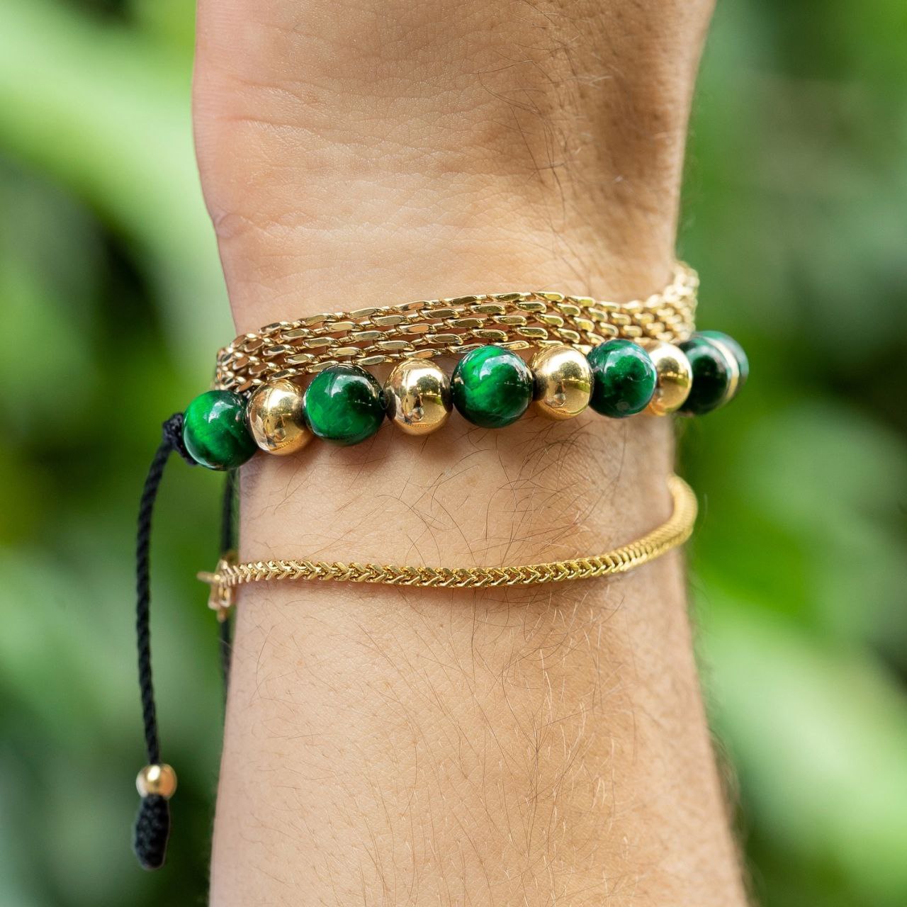 Pulsera Esclava Oro Laminado18k y Ónix Verde