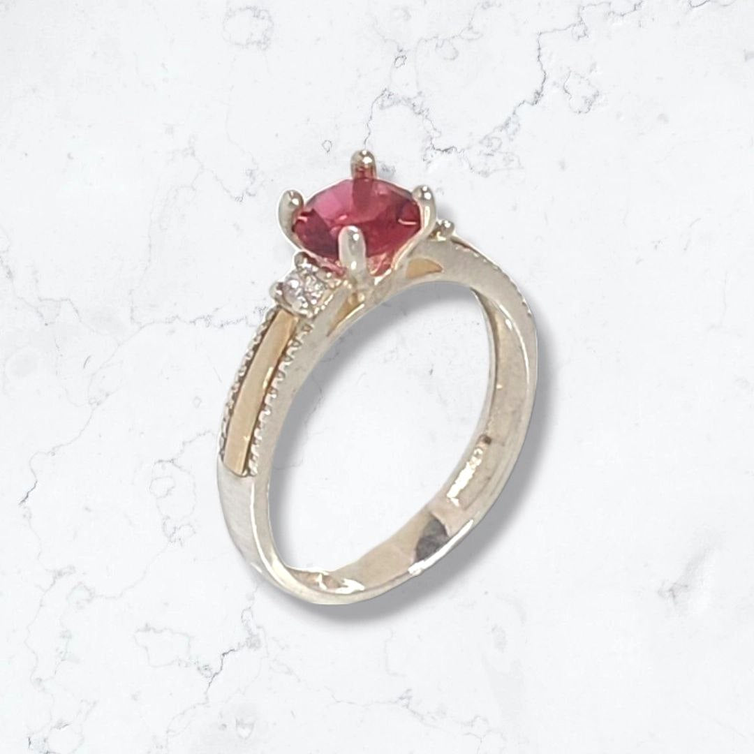 Anillo Oro Plata Mujer Delicado Con Circón Rojo