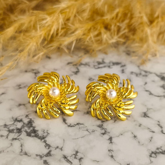 Aretes flor grandes con perla central – Pendientes elegantes en rodio para mujer