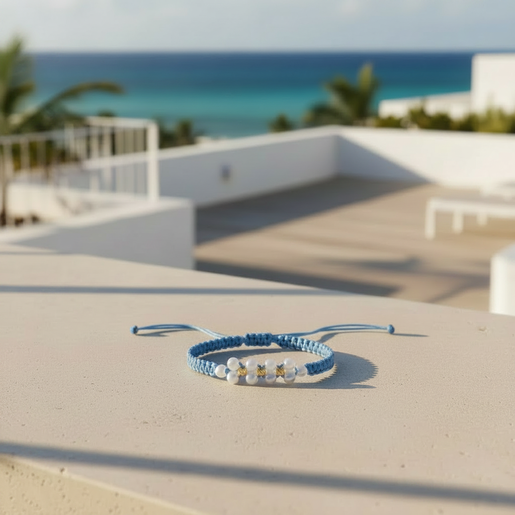 Pulsera de oro 18k con balines, perlas naturales y detalle azul - Brillo Encanto