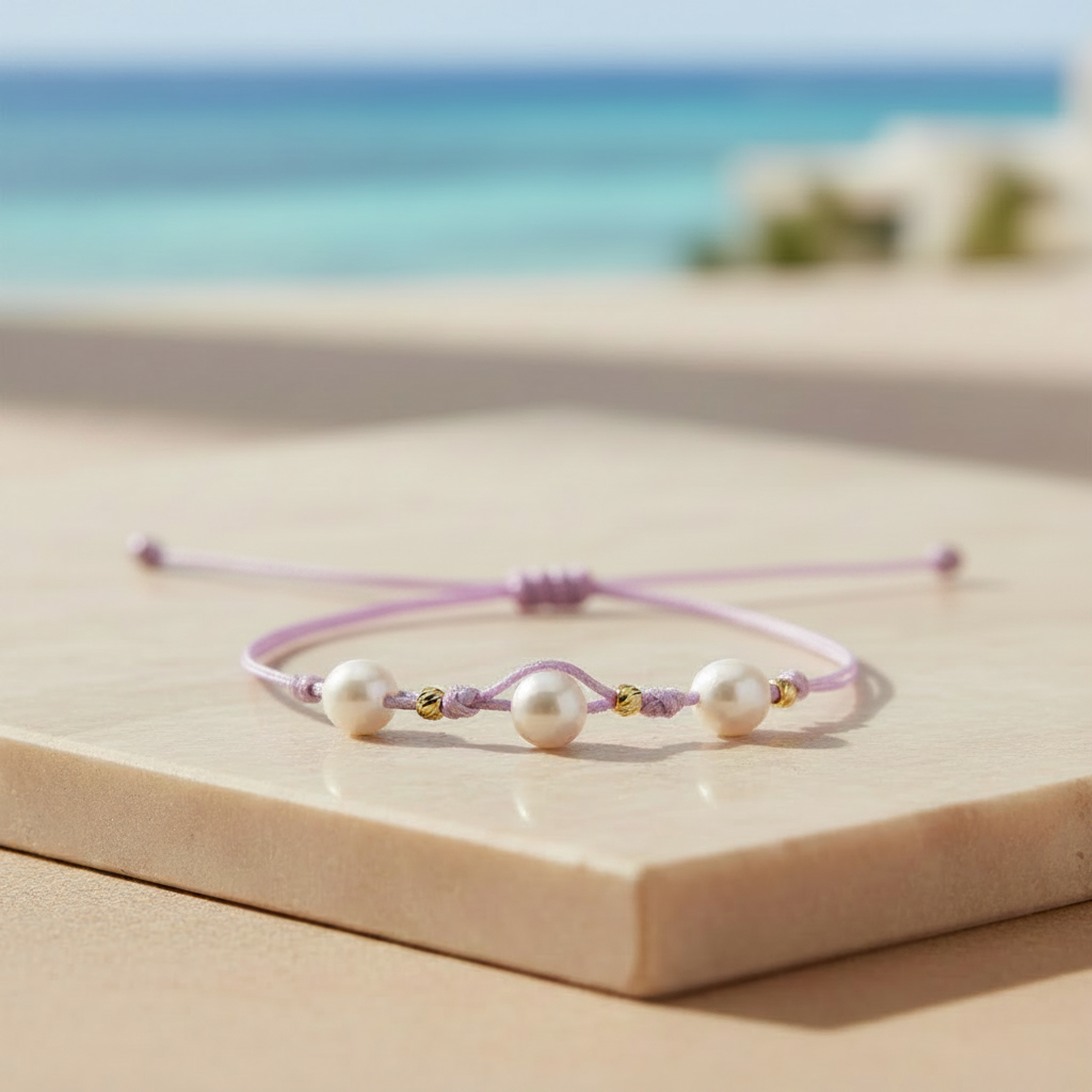 Pulsera de 3 balines de oro 18k y perlas en hilo lila - delicadeza y elegancia para ella