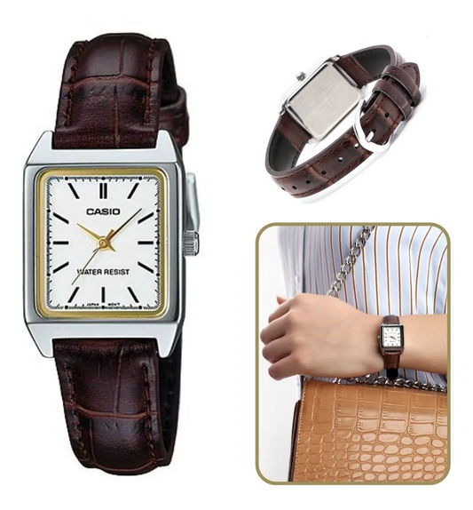 Reloj Casio Original Mujer Pulso Cuero Elegante Cuadrado Bicolor Brillo Encanto